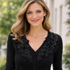 Elegant Black Cardigan with Floral Accents